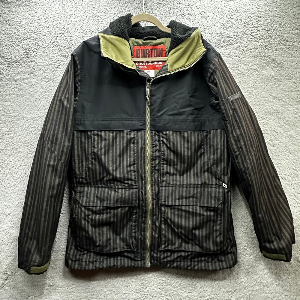 Burton Snowboarding Jacket Mens Large Black Olive Pinstripe Hooded Sherpa Liner